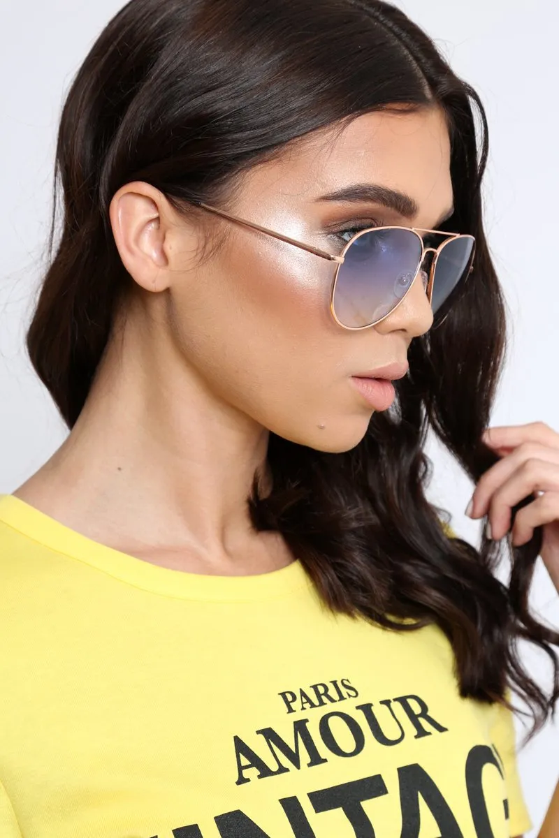 Blue Tinted Lens Gold Frame Aviator Sunglasses -Elly