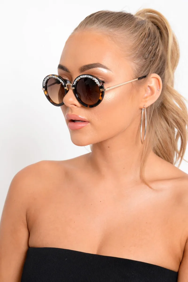 Brown Leopard Diamante Round Sunglasses - Adaia