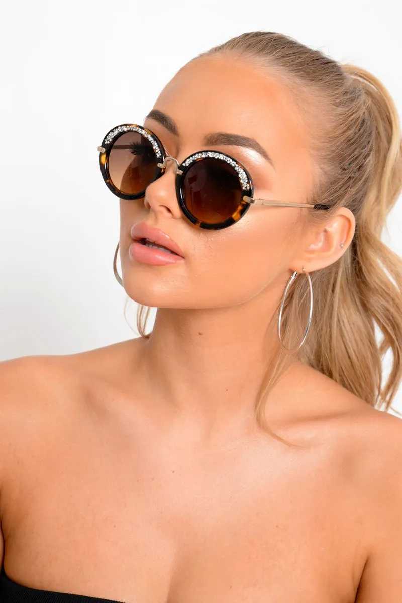 Brown Leopard Diamante Round Sunglasses - Adaia