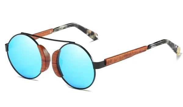 Classy Men Blue Round Wood Sunglasses