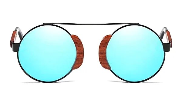 Classy Men Blue Round Wood Sunglasses