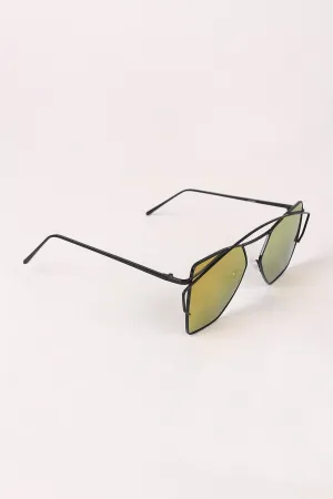 Geometric-Shape Mirrored Lens Double Brow Wire Frame Sunglasses